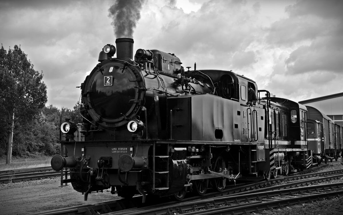 locomotora blanco y negro, trenes y tranvías, cine, películas